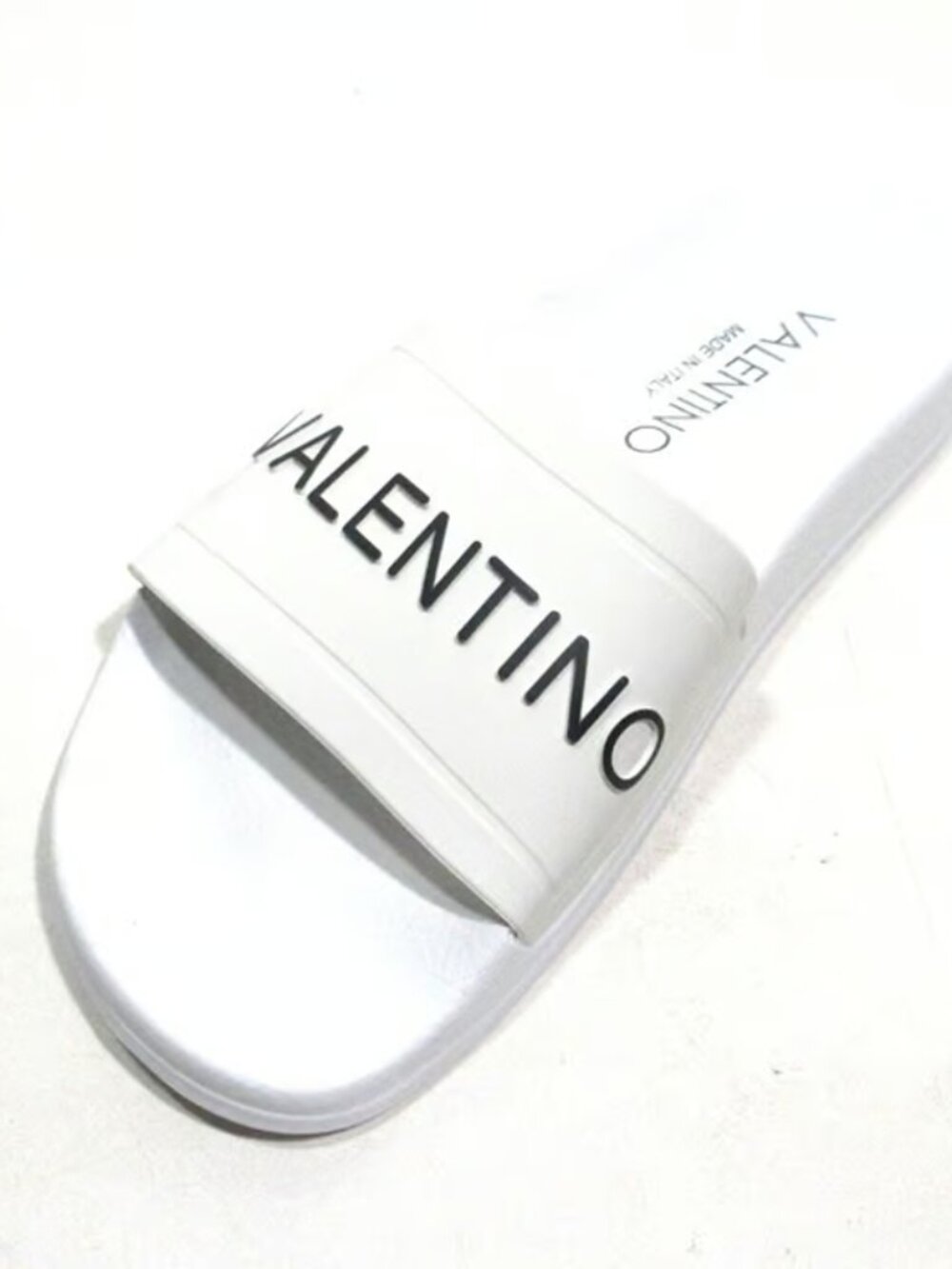Valentino Men's White Slides with Black Logo Strap. EU44/US 11